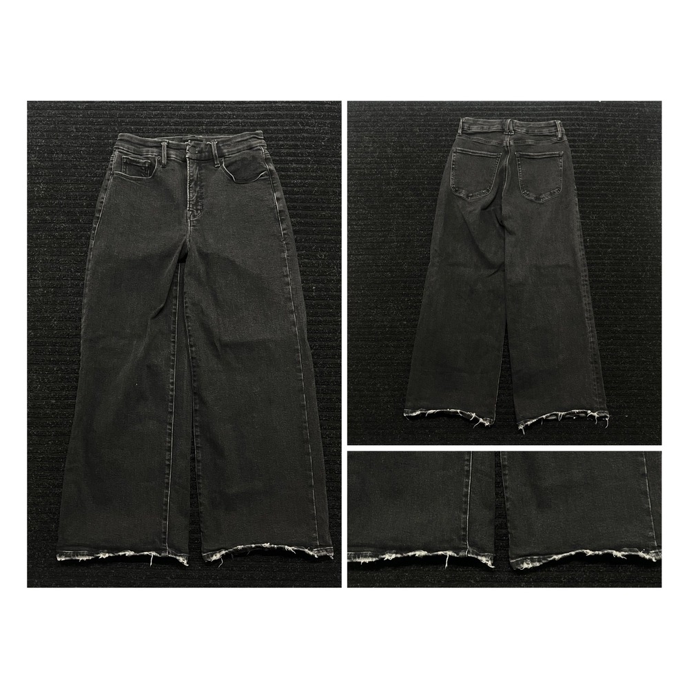 Good American Good Waist Palazzo Crop Jeans Black Wide Leg Raw Hem 8/29 GWPC014B